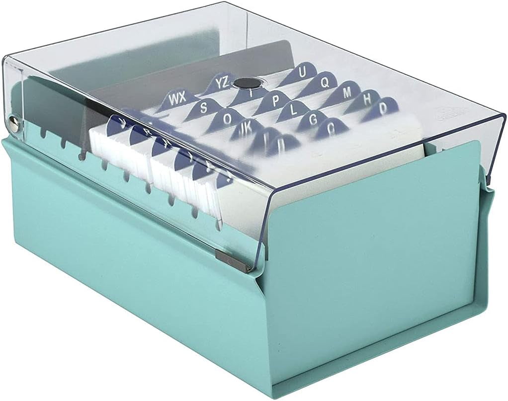Acrimet 4 x 6 Card File Holder Organizer Box Metal Base Heavy Duty (AZ Index Cards and Divider Included) (Green Color with Clear Crystal Plastic Lid Cover)