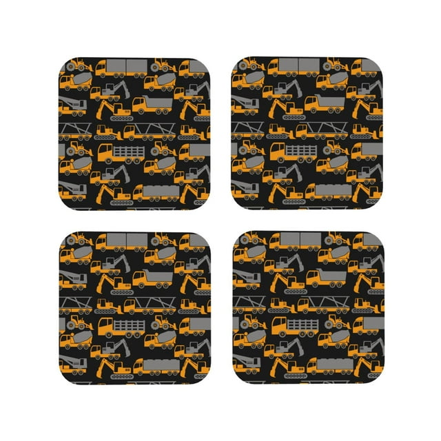 Vsdgher Yellow Excavator Print Leather Coasters for Drinks, Durable Drink Coasters 4 Set for Tabletop Protection, Luxurious Home Décor and Housewarming Gift-Square