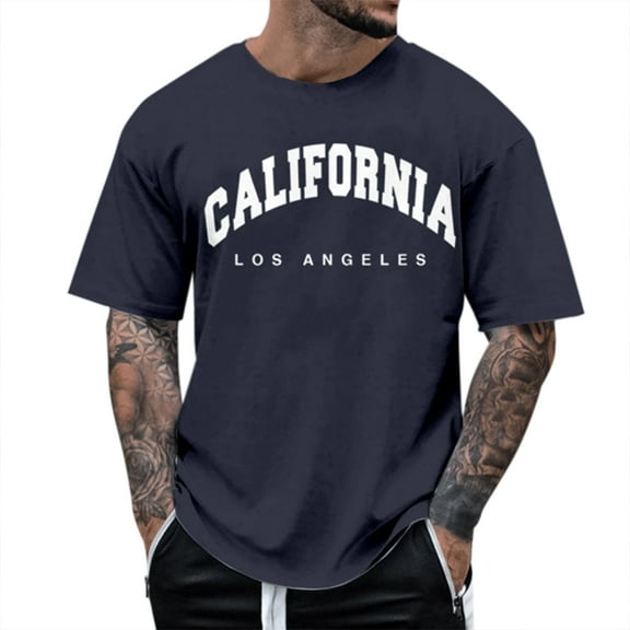 Caqnni Fashion Mens T Shirt Muscle Gym Workout Athletic Shirt Cotton Letter Print Tee Shirt Top (Z04-Navy,M)