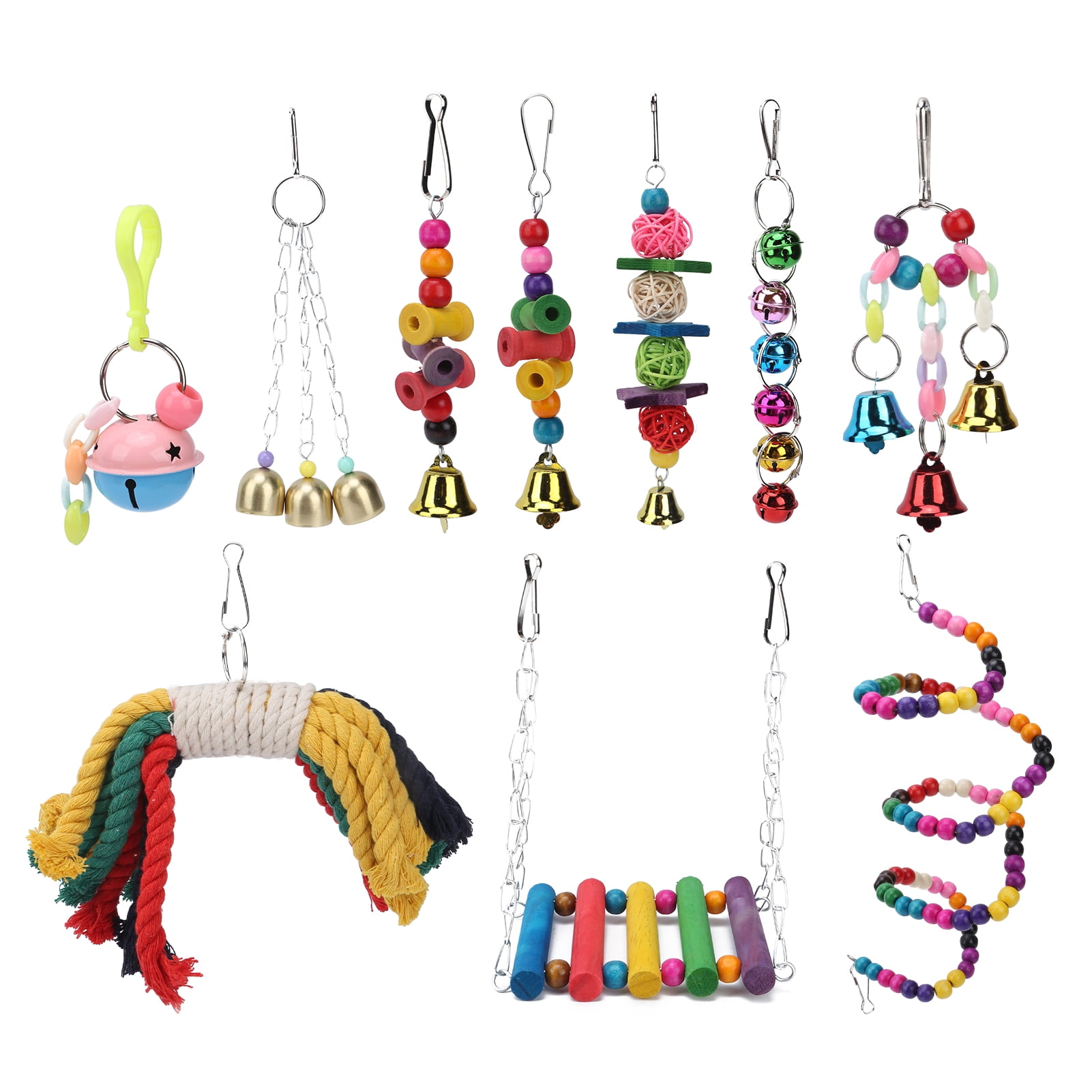BIMZUC 10-Piece Birds Swing Toy Natural Wood Hanging Chewing Perch Toy Set with Bells Wooden Beads Interactive Cage Accessories for Parrots Macaws Cockatiels Budgies Finches Lovebirds (9.45 in/24 cm)