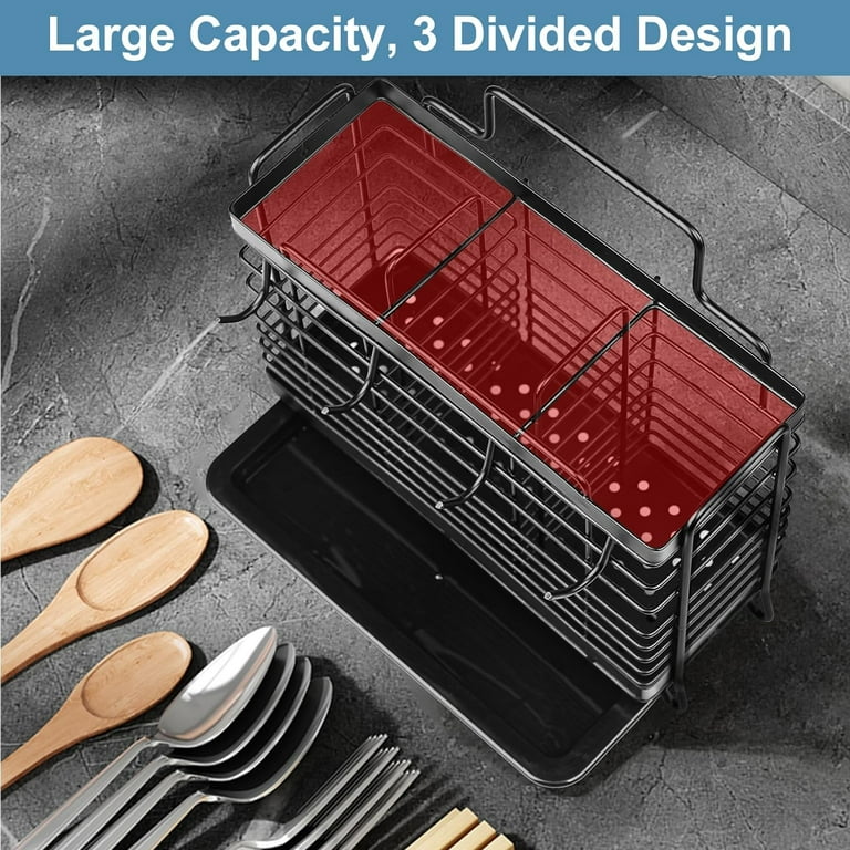 Stainless Steel Utensil Holder For Kitchen Counter - 3 Compartment Drying Rack Organizer For Spoons, Spatulas & More
