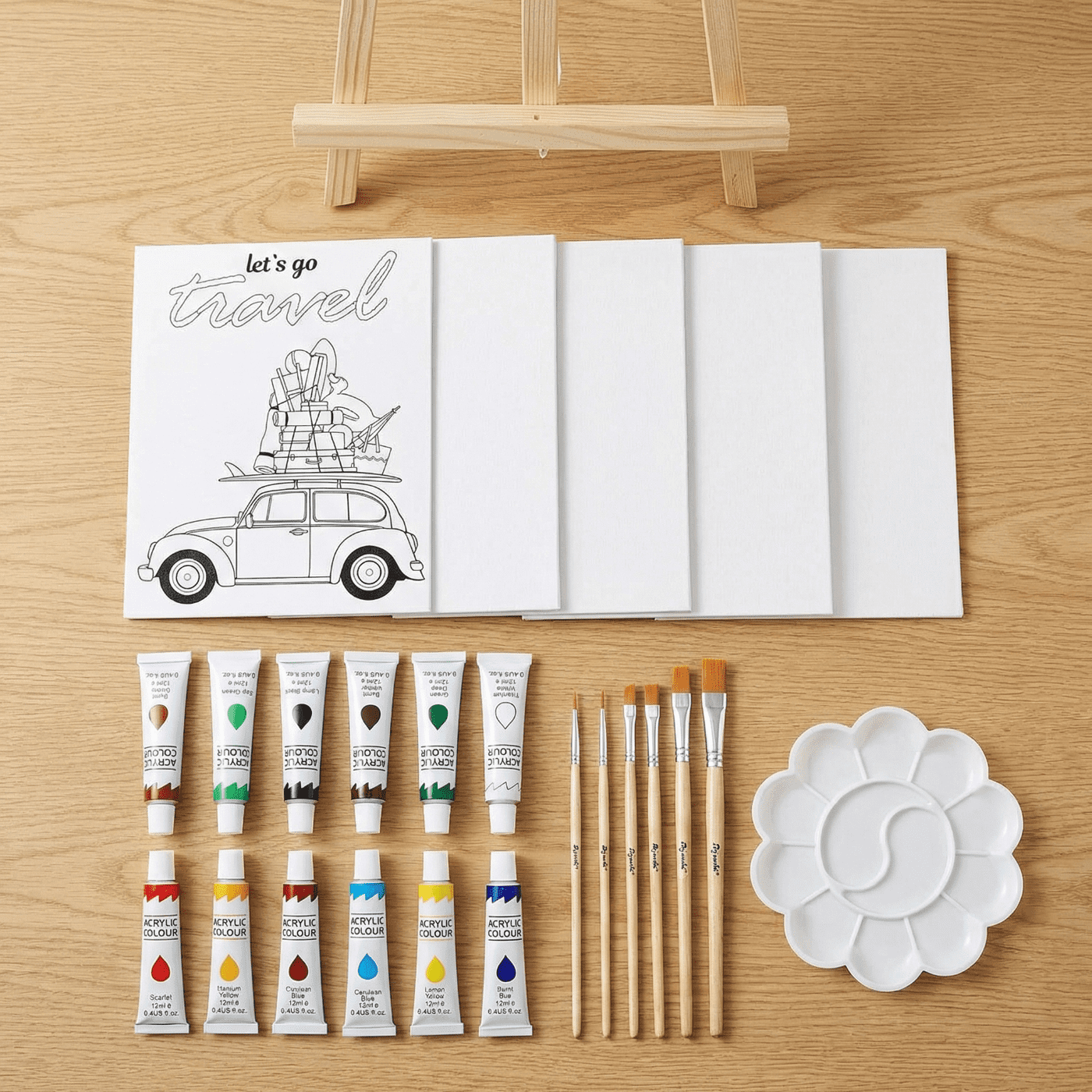 Bibana 25 Pieces Tabletop Wood Easel Set, Painting Easel Stand, Coloring Canvas, Acrylic Paint Set, Paintbrush, Art Supplies