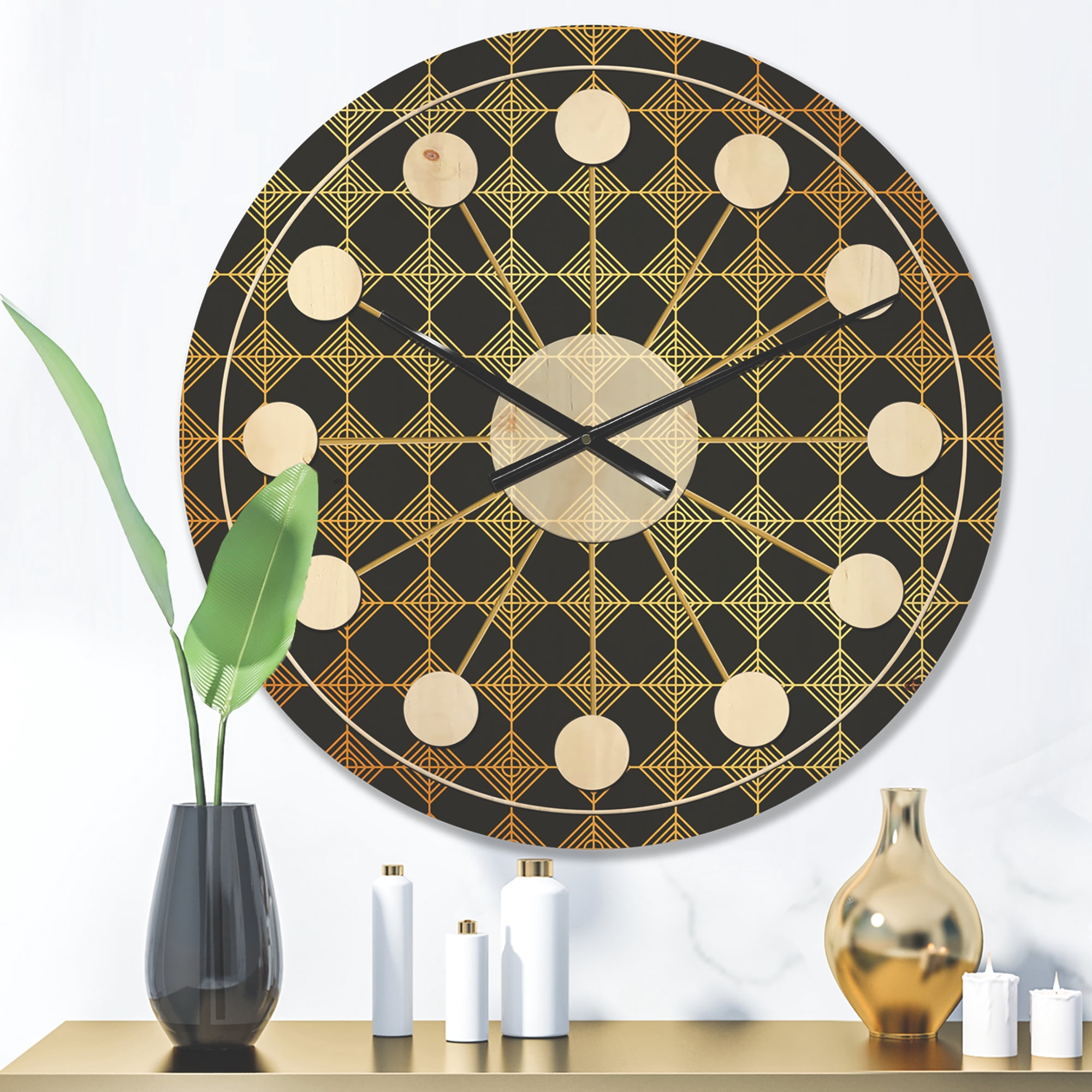 Designart 'Metallic Golden Luxury Geometrics XII I' Mid-Century Modern Wood Wall Clock