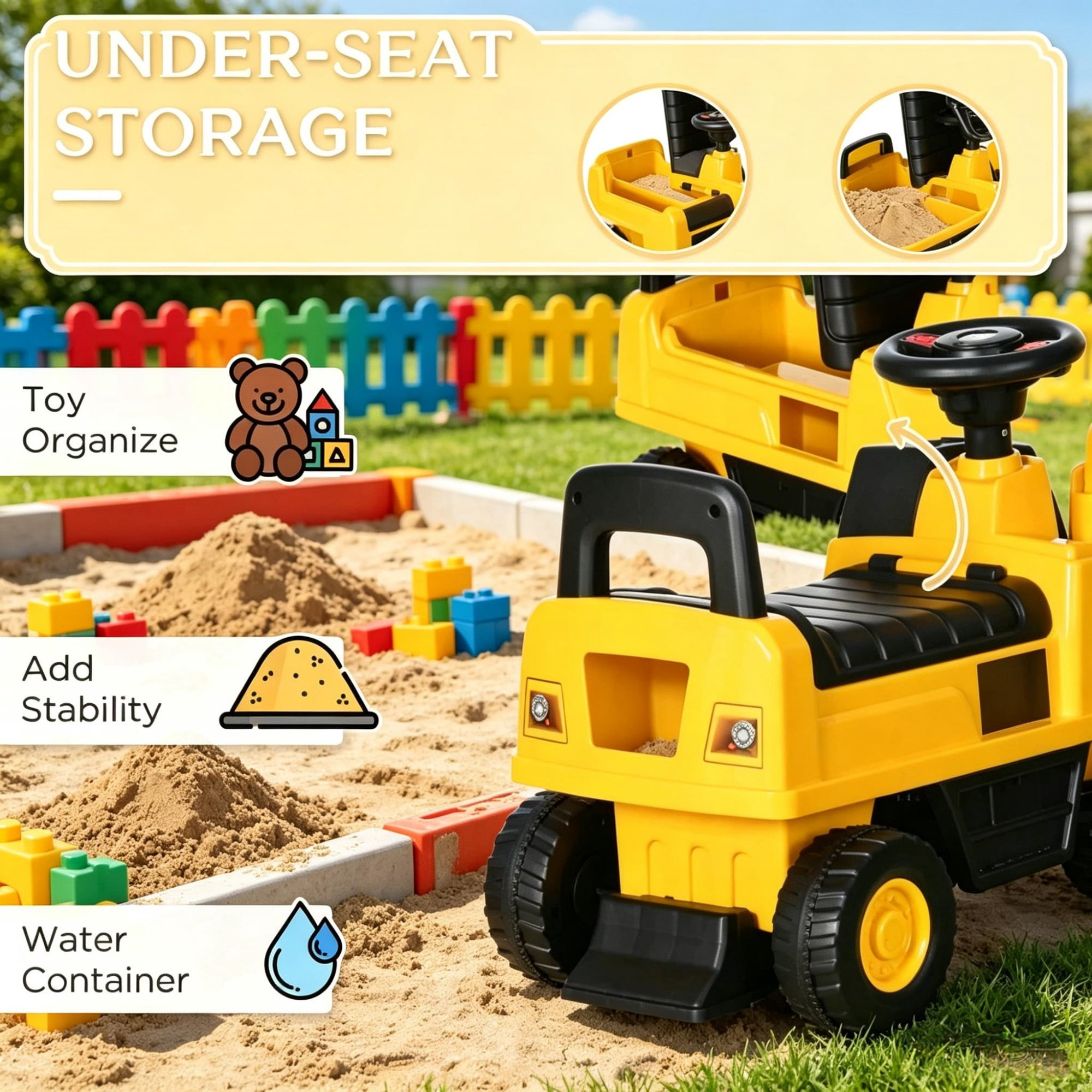 Toddler Excavator Toy, Anti-Tip Design, Manual Shovel, Horn, Hidden Storage, Yellow