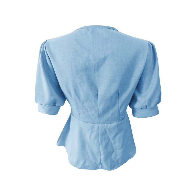 Aezemi Women Puff Short Sleeve Shirts, Button down V Neck Peplum