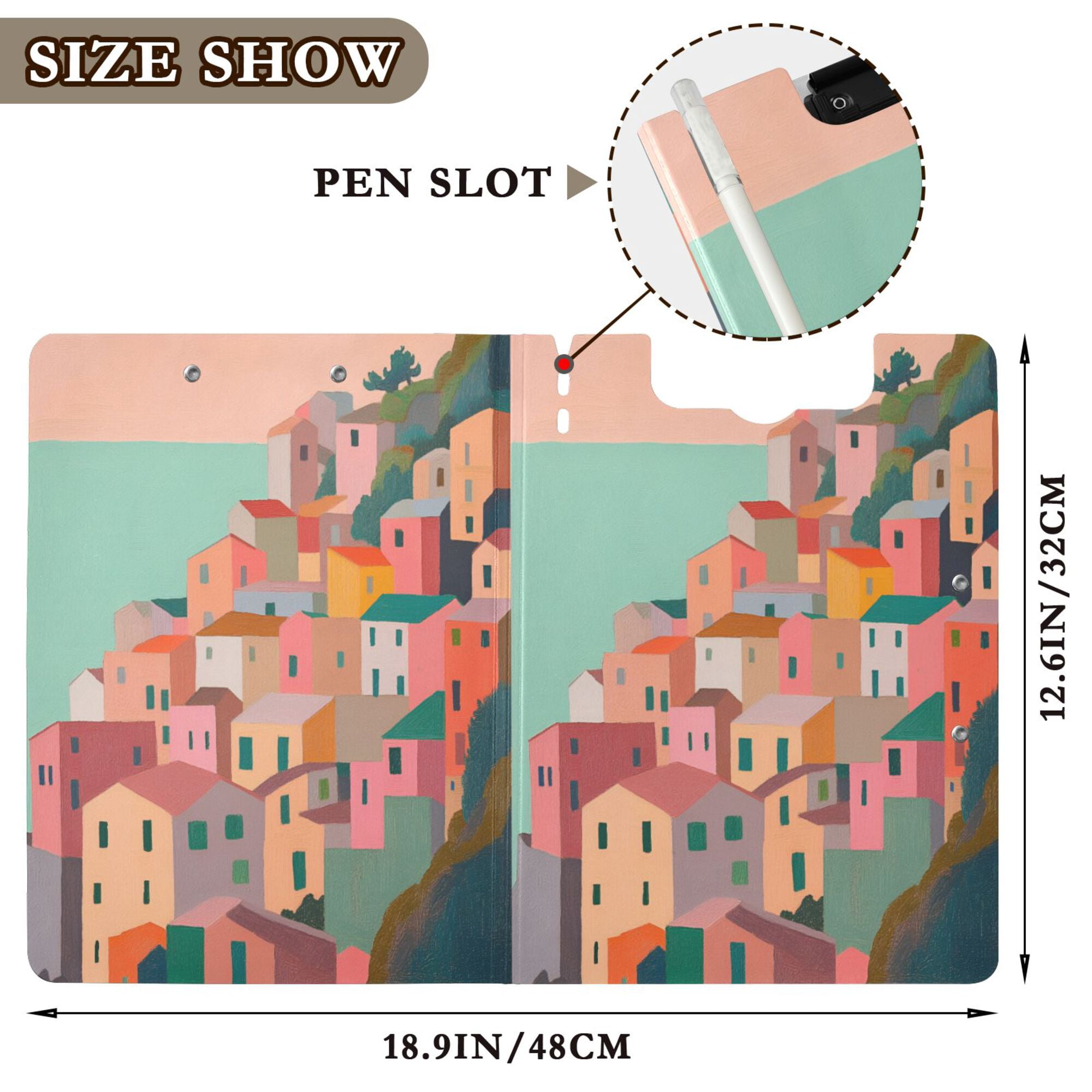 FORMRS A4 Clipboard Folder with Pen Holder Horizontal Foldable School Office Binder, Cityscape Painting