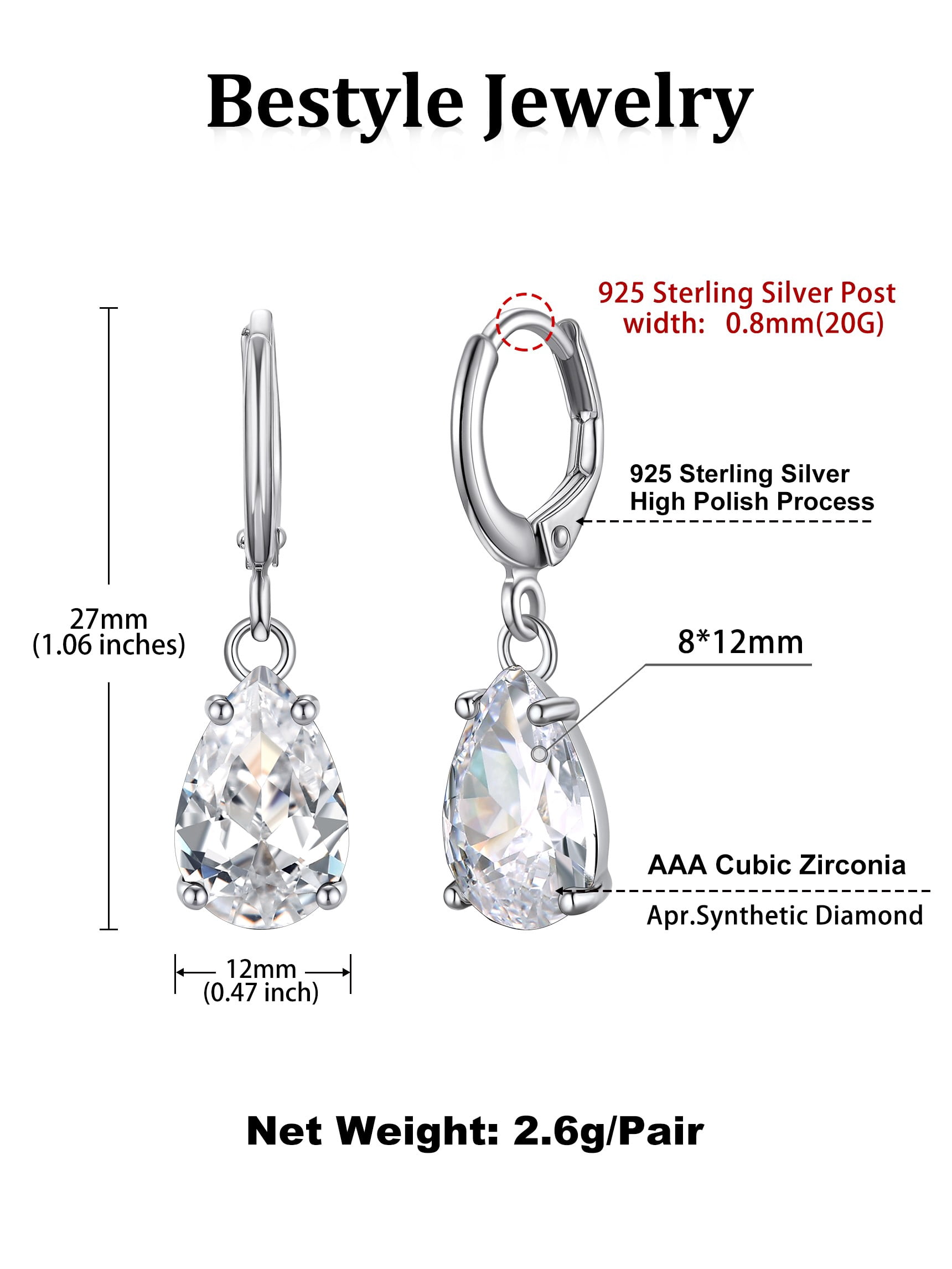 Bestyle Created Diamond Dangle Earrings Women Pure 925 Sterling Silver Hoop Earrings Birthstone Jewelry for Sensitive Ears daily Wear
