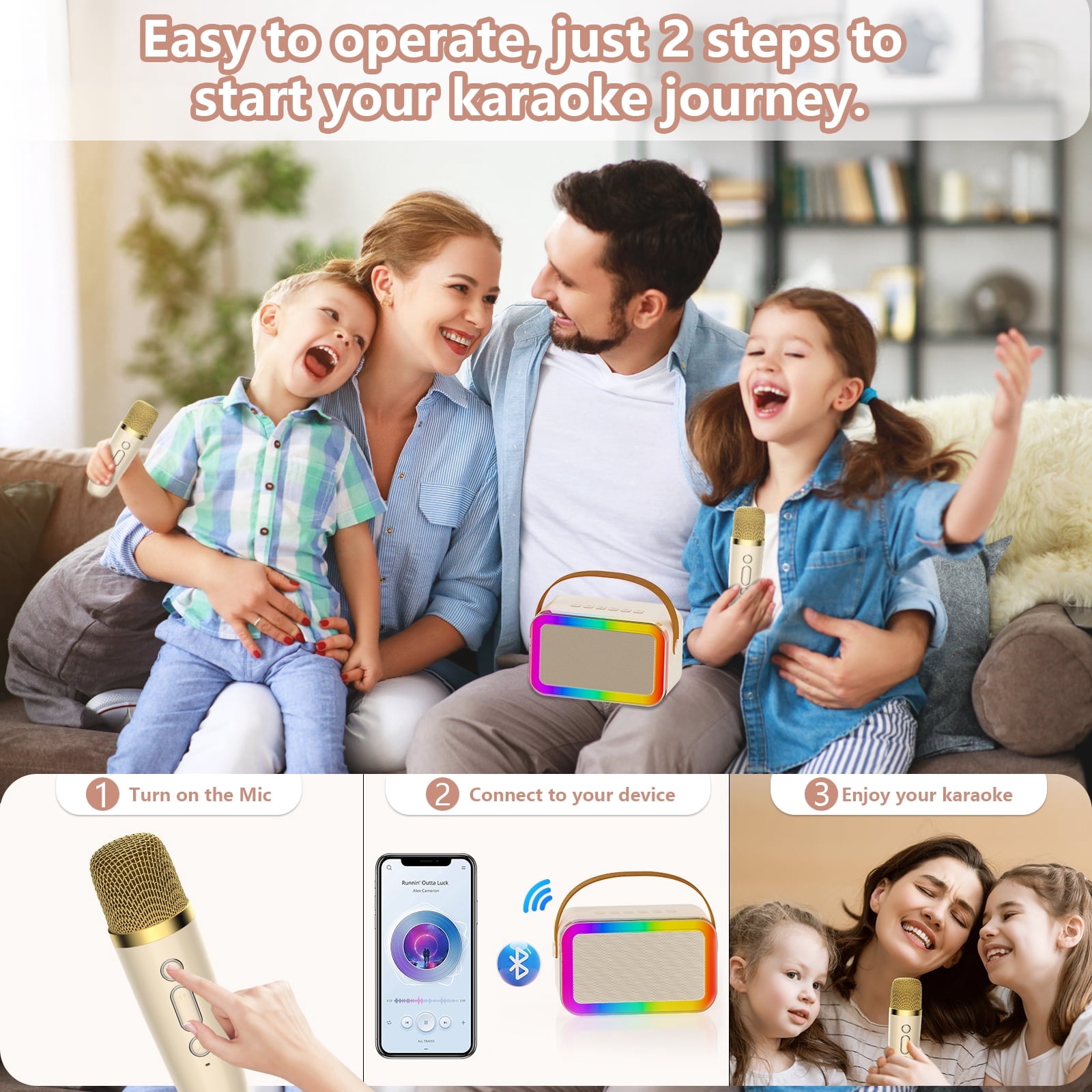 FanFun Karaoke Machine with 2 Microphones for Adults Kids, Portable Karaoke Speaker Bluetooth with Colorful LED Lights