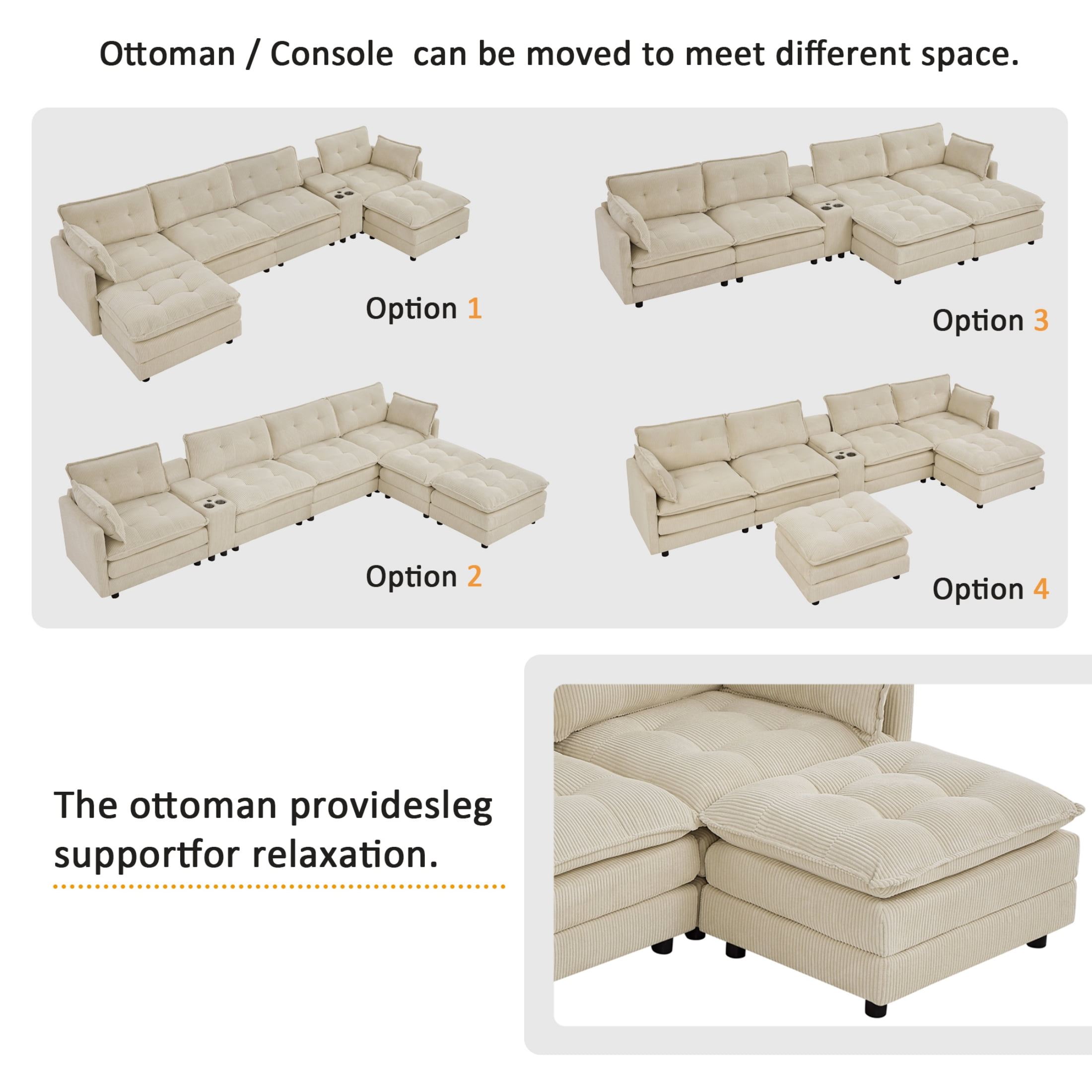Anpport 154" U-Shaped Modular Sectional Sofa with 2 Removable Ottomans for Living Room, Corduroy, Beige