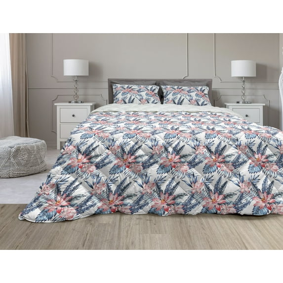 Tropical Comforter & Sham Bedding Set, Leaves of Banana Palm and Lilies Hawaii Brazil Botanical Watercolor Art, 3 pcs Duvet Set Microfiber Filling Quilt, 5 Sizes, Coral Orange and Blue, by Ambesonne