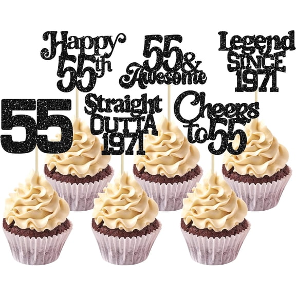 12Pcs Black Glitter 55th Birthday Cupcake Toppers, Legend Since 1971, Cheers to 55 Picks for 55th Birthday Party Cake Decorations