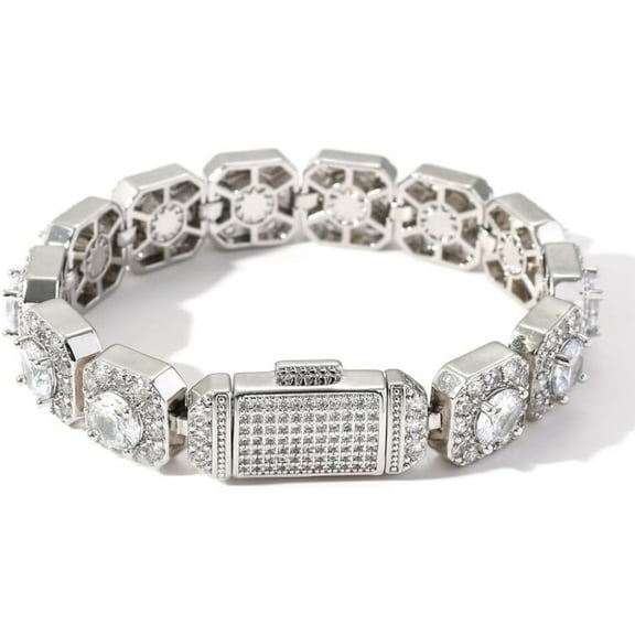 14K Gold 13mm Hip-Hop Bracelet with Rock Sugar Moissanite and Flip Clasp, Unisex Gift