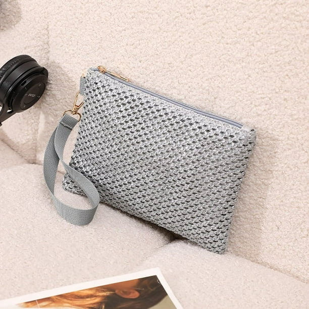 Xiao Hua 3 bolsos de hombro tejidos para mujer, tipo tote y neceser, elegantes bolsos de playa de verano, de 21 x 1 cm x 15 cm (gris).