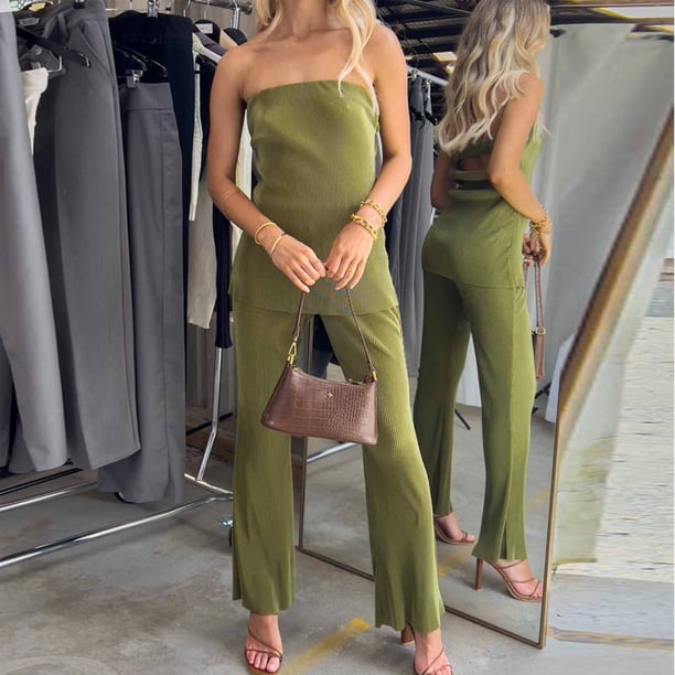 Pantalones Traje de pantalón de 2 piezas para mujer, tops de tubo sin mangas, pantalones, atuendo diario (verde L) Kuymtek Verde T L para Mujer