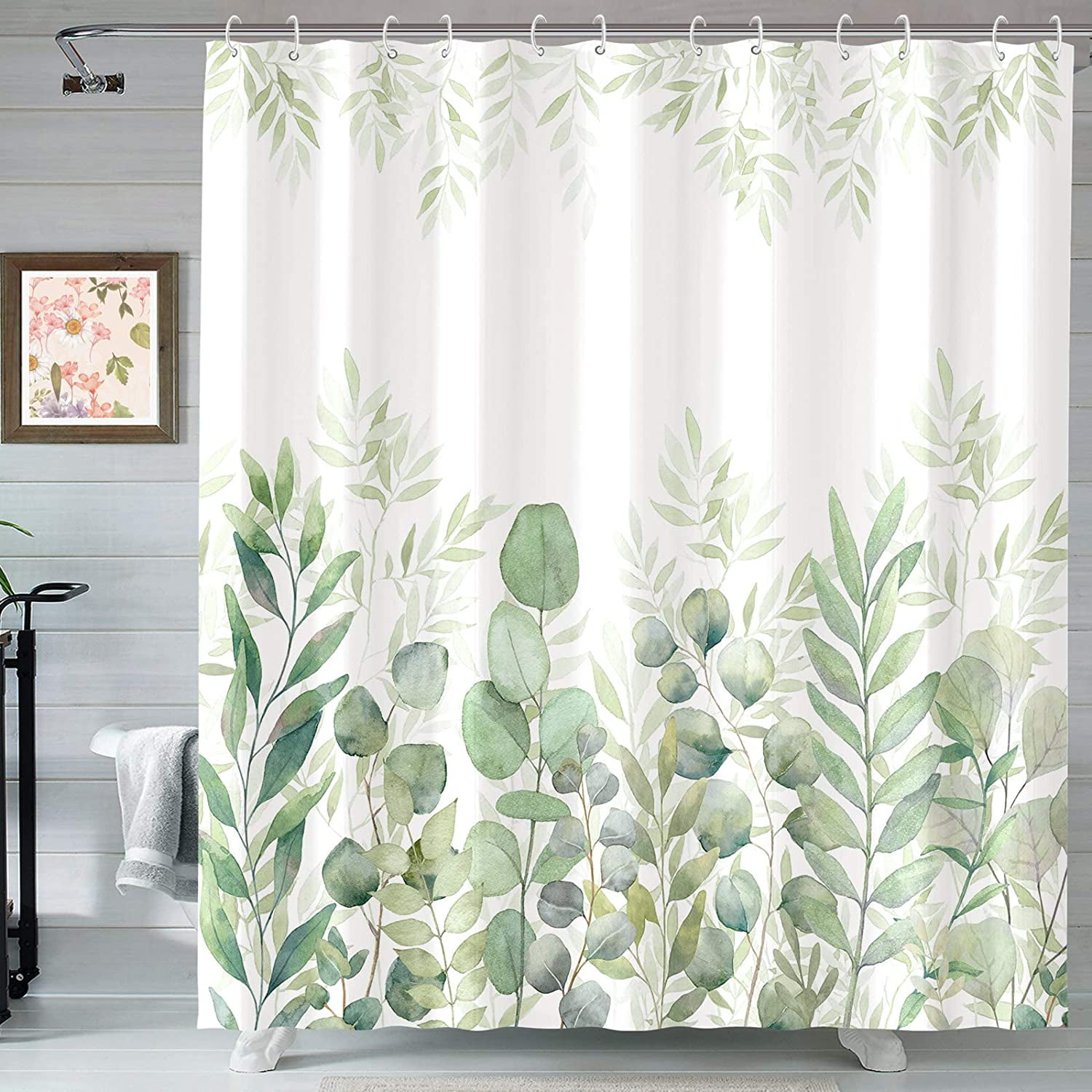White/Green Shower Curtain White Botanical Modern Contemporary Cotton Blend