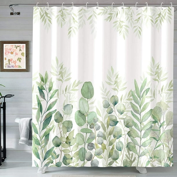 Green and White Shower Curtain, Fabric Shower Curtains for Bathroom