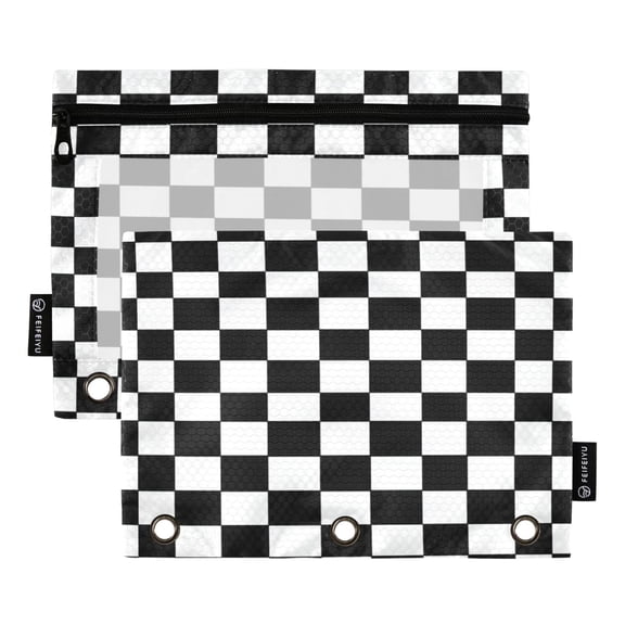 2 Pack 3 Ring Binder Pouch with Clear PVC Window Water Resistant Zipper Pencil Pouch Classic Black-and-white Checkered Pattern Binder Pocket for Classroom Office Home Stationery Organization