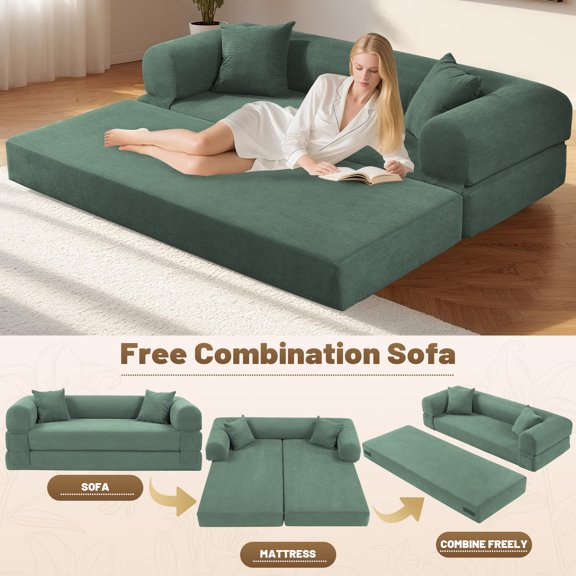 GJQ 30" Convertible Couch Bed Folding Loveseat Sleeper Sofa 3-Seater with 2 Pillows, for Living Room/Office /Flat(Light Green)