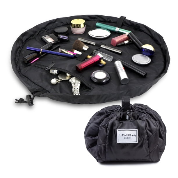 Lay-n-Go Cosmo Organizador de bolsa de maquillaje y cosméticos con cordón – Bolsa de maquillaje portátil con cordón con bolsillo con cremallera, trabillas para maquillaje y más – Bolsa de maquillaje d