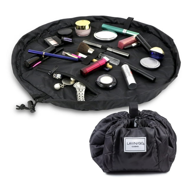 Lay-n-Go Cosmo Organizador de bolsa de maquillaje y cosméticos con cordón – Bolsa de maquillaje portátil con cordón con bolsillo con cremallera, trabillas para maquillaje y más – Bolsa de maquillaje d