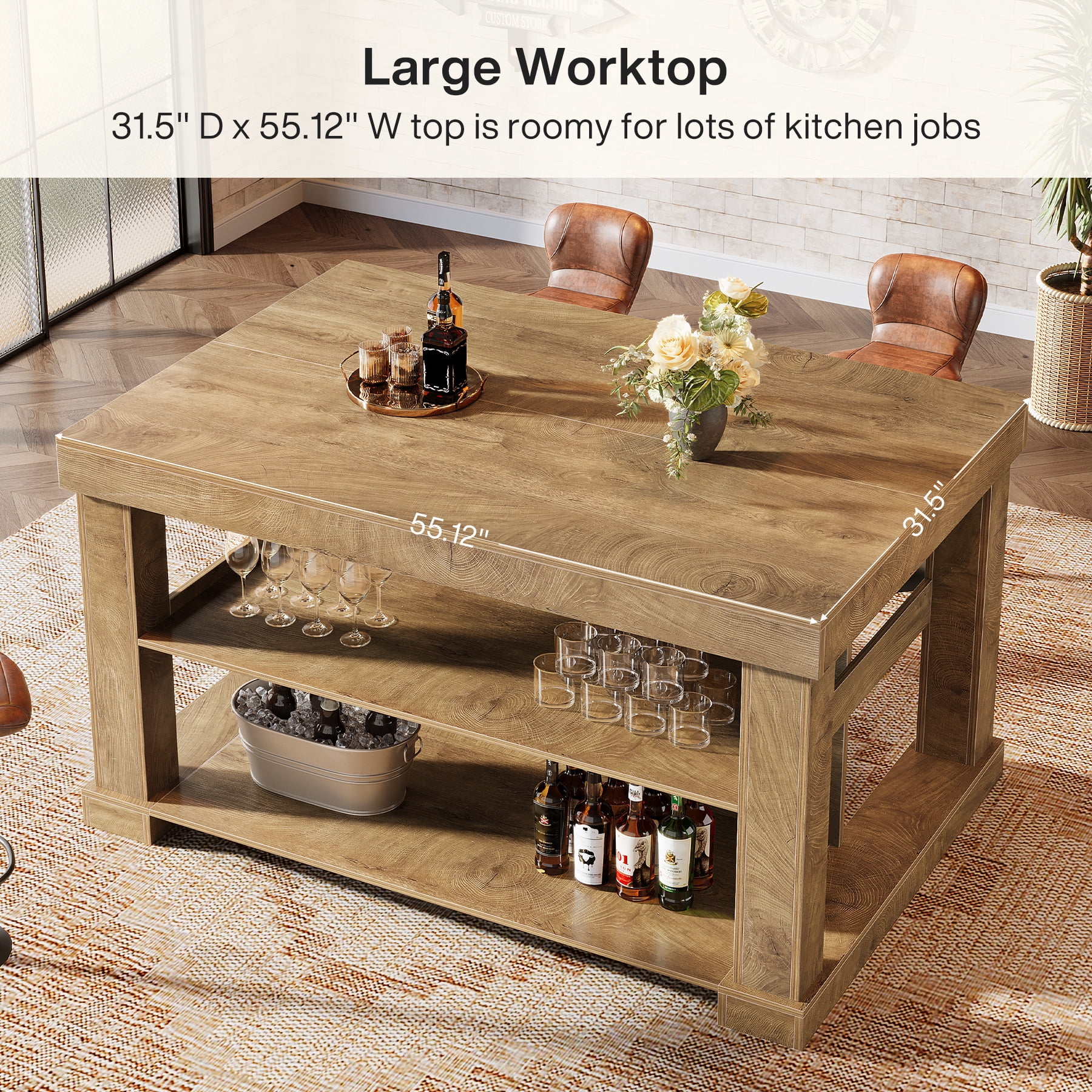 Finmind Kitchen Island with 3 Shelves, 55-Inch Kitchen Shelf with Large Worktop, Stable Wooden Structure, Farmhouse Style, Light Brown