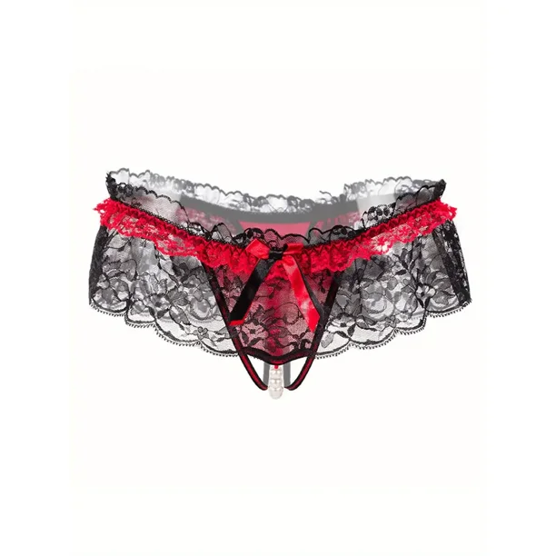 Tangas de malla con encaje floral, bragas con lazo y entrepierna abierta con perlas artificiales, lencería y ropa interior sexy para mujer