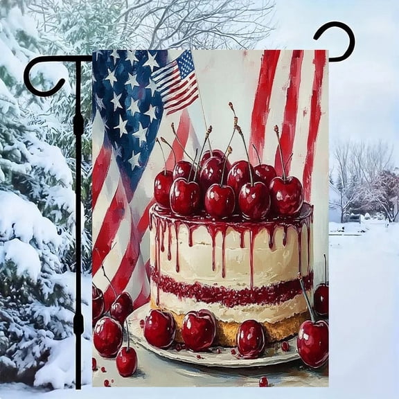 RKSupls Patriotic Linen Double Sided Garden Flag, Independence Day Themed Yard Decor, Cherry Cake Flag Art Outdoor Banner for Holiday Lawn