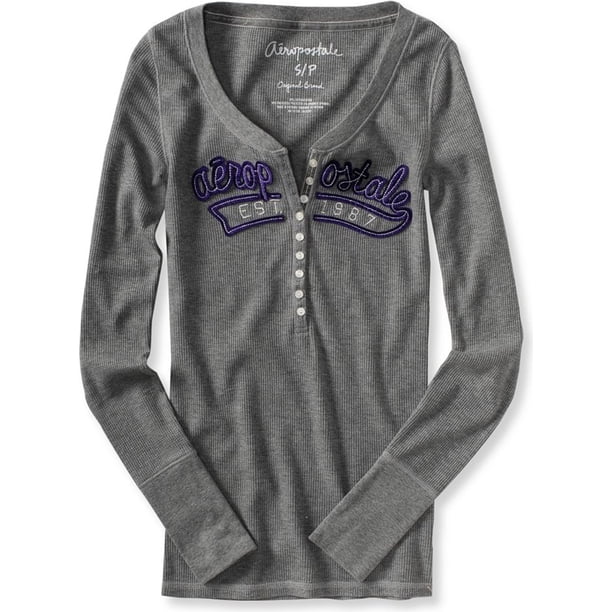 Aeropostale Camiseta Henley Térmica de Manga Larga para Mujer, Gris, X-Large