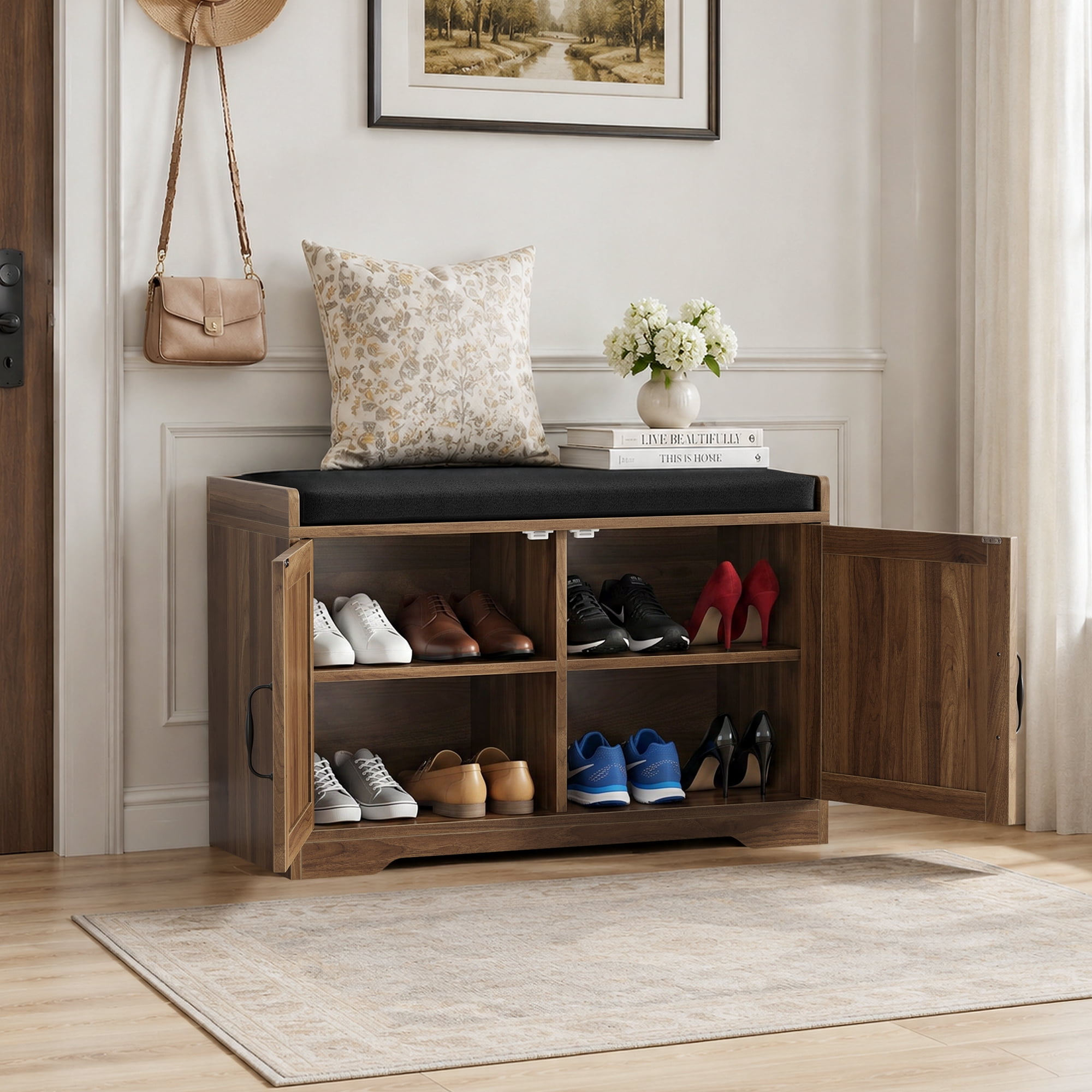 Leumius 31.5" Entryway Shoe Bench, Entryway Storage Bench with Double Doors and Comfortable Upholstery for Hallway and Entrance Areas Walnut