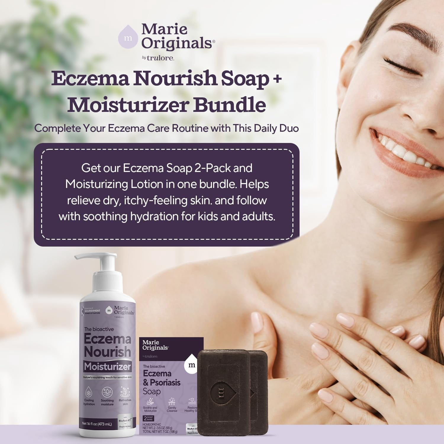 Marie Originals Eczema Relief Bundle – Eczema Soap Bar 2-Pack & 16 Oz Lotion for Dry, Itchy Skin – Colloidal Oatmeal Lotion + Natural Soap for Sensitive Skin, Adults & Kids