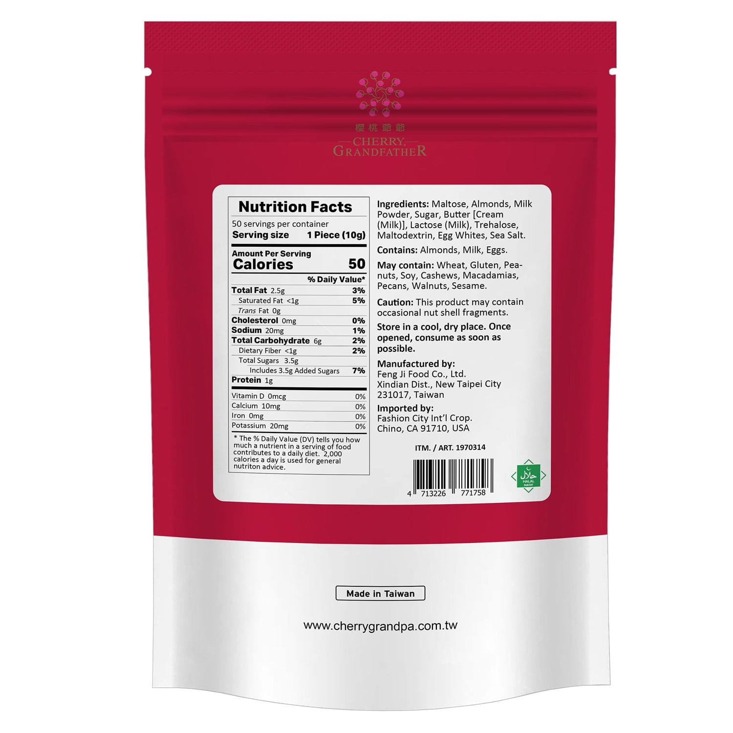Cherry Grandfather Original Milk Nougat with Almonds, 17.6 Ounce