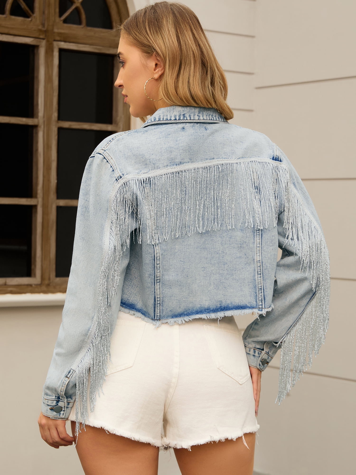 DARING DIVA Women's Cropped Jean Long Sleeve Frayed Tassel Fringe Denim Jacket XL Light Blue