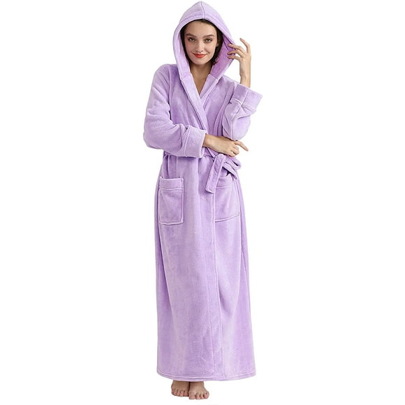 Women Fleece Hooded Bathrobe Soft Plush Full Length Long Spa Robe