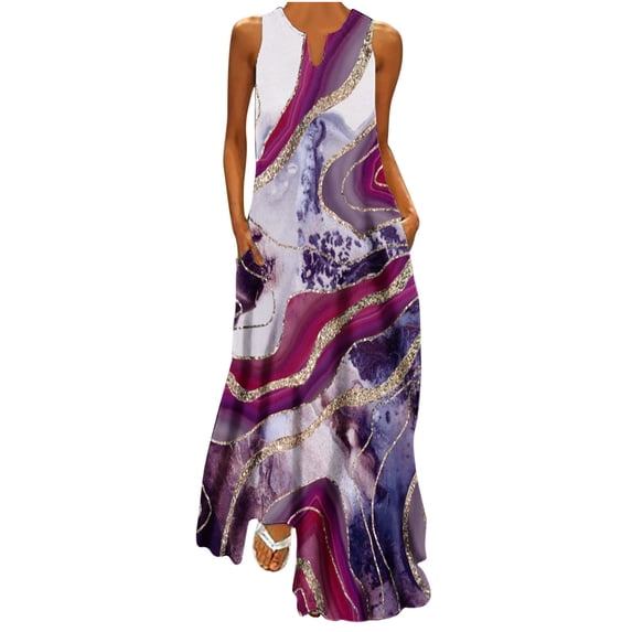 QLEICOM Women Casual Loose Bohemian Floral Dress with Pockets Sleeveless V Neck Long Maxi Dress Beach Swing Dress Tank Dress Colorful Sundresses Purple XXL, US Size: 12