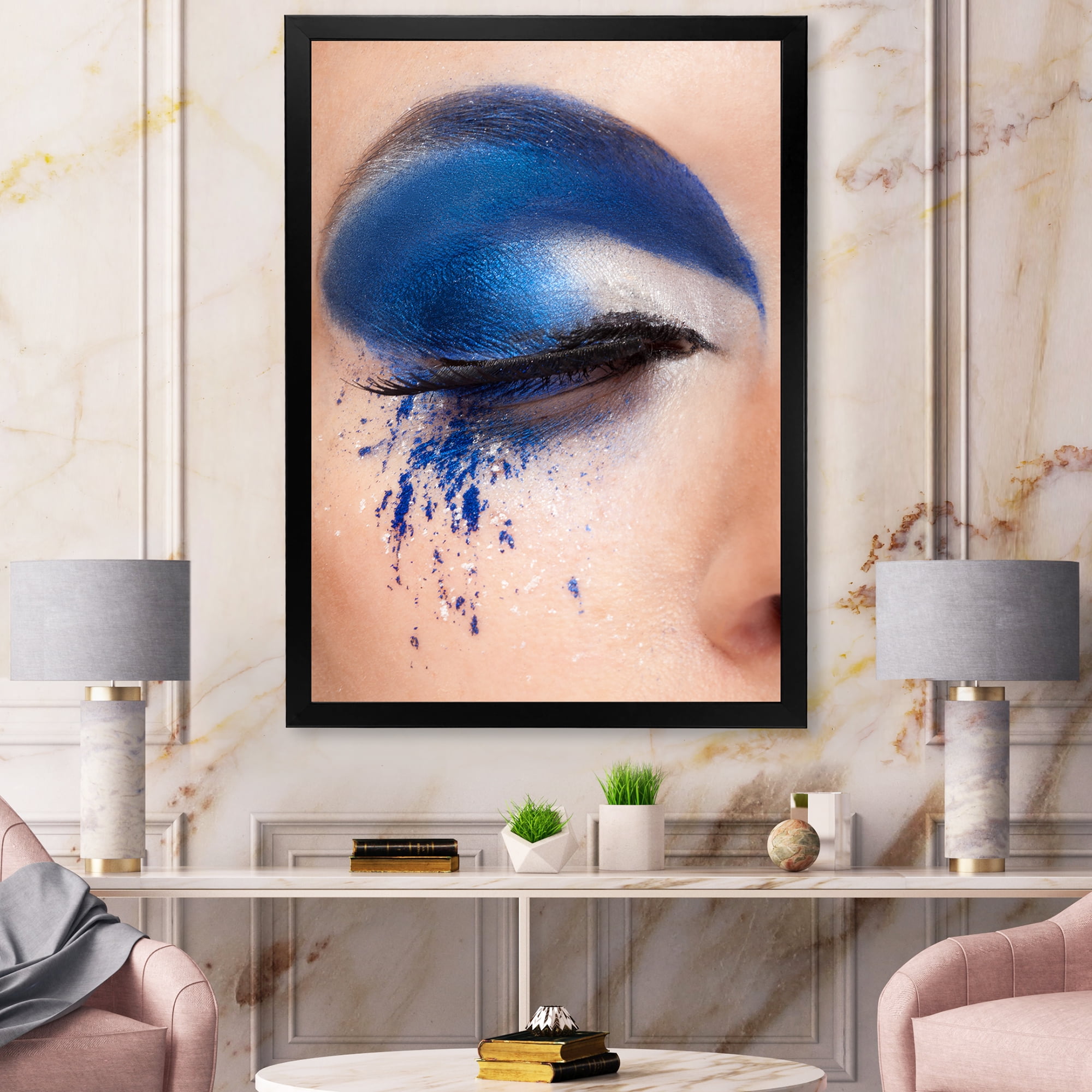 Designart 'Closed Woman Eye With Blue Fantasy Make Up' Modern Framed Art Print