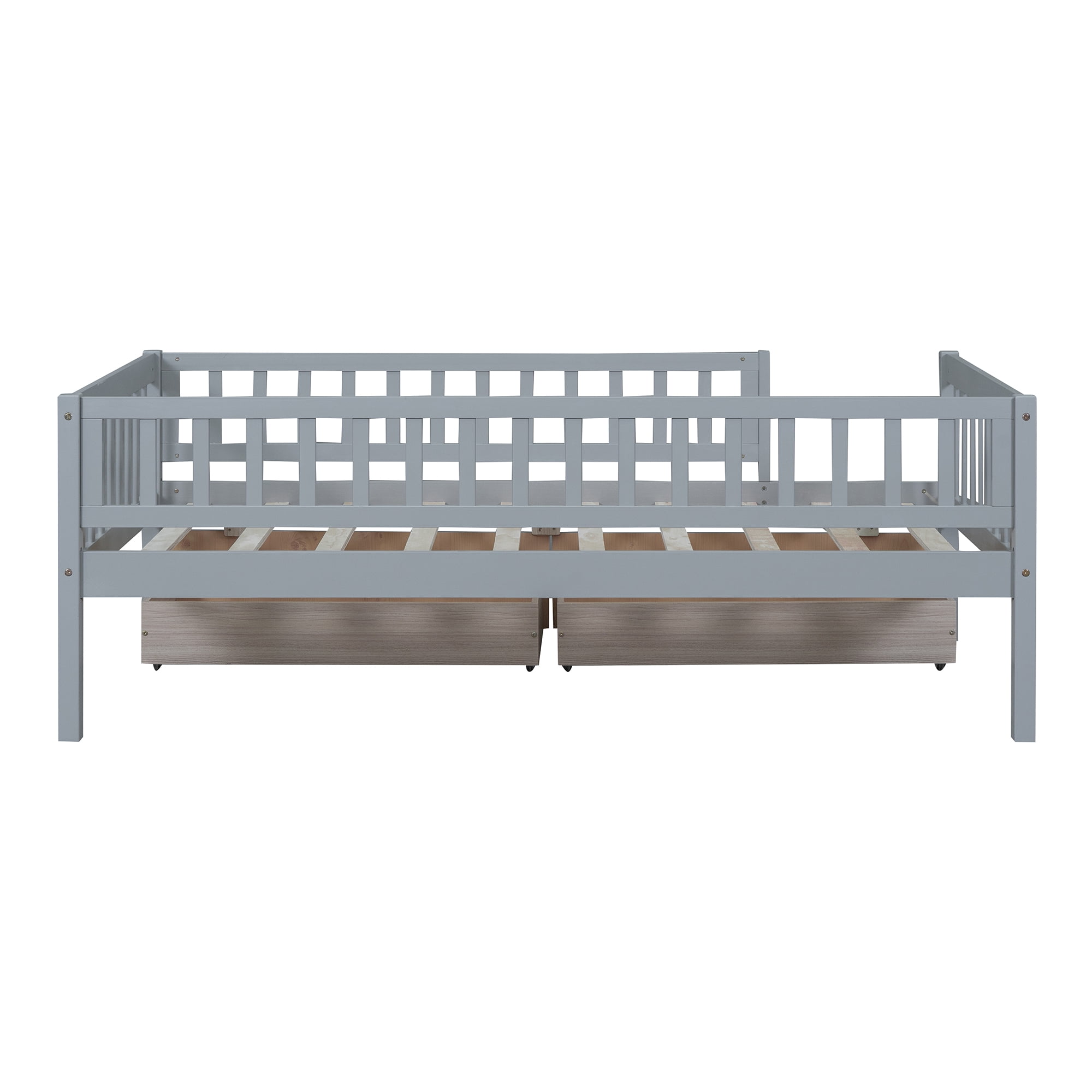 Holaki Twin Size Wood Bed with Guardrails and 2 Storage Drawers for Kids, Gray