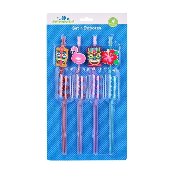 Set de 4 Popotes Way to Celebrate Espirales de Plástico con Adorno Tiki para Bebidas