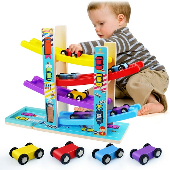 Juguete de pista de carreras Heirio Montessori para niños pequeños con 4 coches