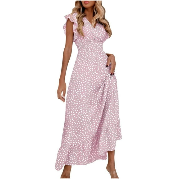 Oplxuo Summer Floral Maxi Dress for Women 2025 Vacation Ruffle Sleeve V Neck Wrap Spring Beach Wedding Guest Dresses