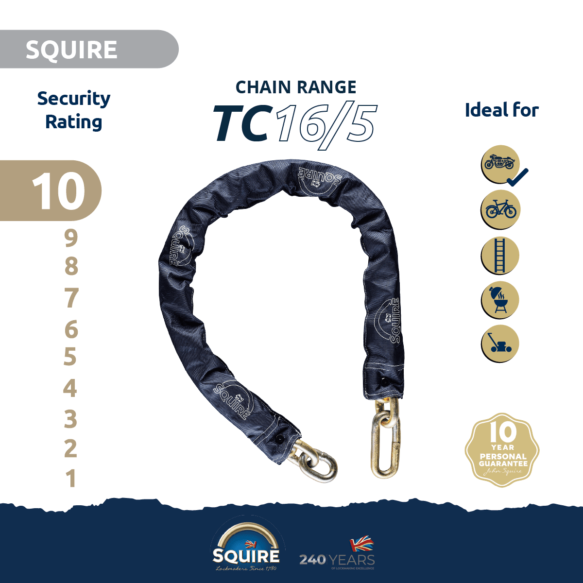 Squire SS80CS Padlock & Chain Set - 80mm Boron Steel Lock with 16mm Sleeved Chain