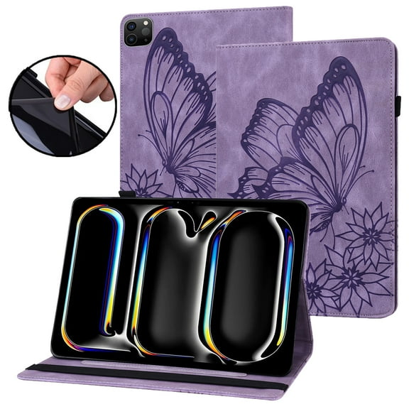Dteck Butterfly Pattern Case for iPad Pro 11 inch 2024,Magnetic PU Leather Smart Auto Wake/Sleep Folio Stand Case Card Slot Pencil Holder Cover for iPad Pro 11-in. (M4) 2024,Purple