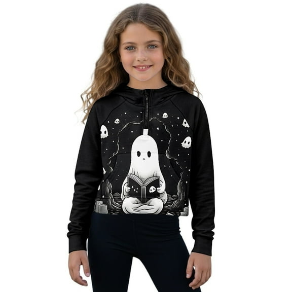 Xoenoiee Ghost Book Print Girls' Sweatshirts Half Zip Up Pullover Crop Tops for Girls Halloween Long Sleeve Hoodie Sweater Cropped Sweatshirt, 5-6 Years