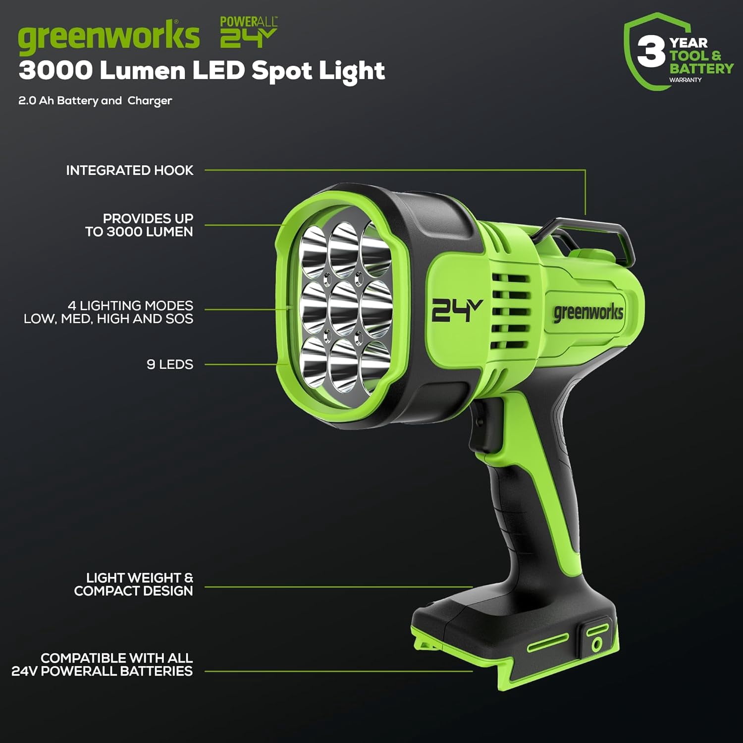 Greenworks 24V LED Spot Light, 3000 Lumen Handheld Flashlight, Variable Brightness Spotlight, Tool Only