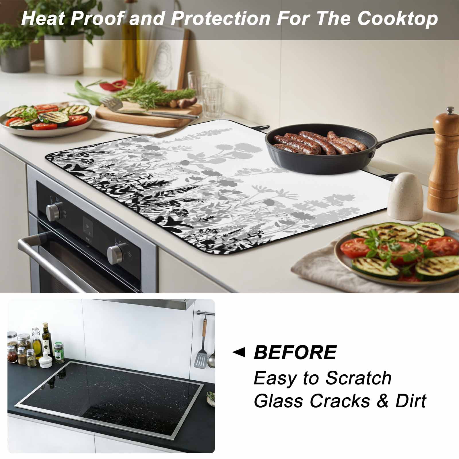 Grey Floral Rustic Stove Top Cover for Electric Stove, Heat-proof & Non Slip Glass Top Stove Cover Protector, Spring Farmhouse Botanical Floral Kitchen Flat Cooktop Rubber Mat 24x21 Inches