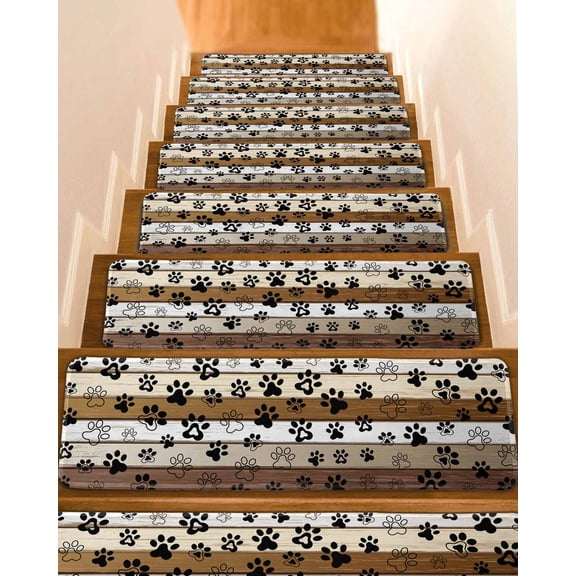 Stair Treads for Wooden Steps,Brown Beige Farmhouse Peel and Stick Stair Treads with Reusable Adhesive,Black Dog Paw Vintage Wooden Non Slip Indoor Stairs Runner Rugs Mats for Elders Dogs 8"x30" 4PCS