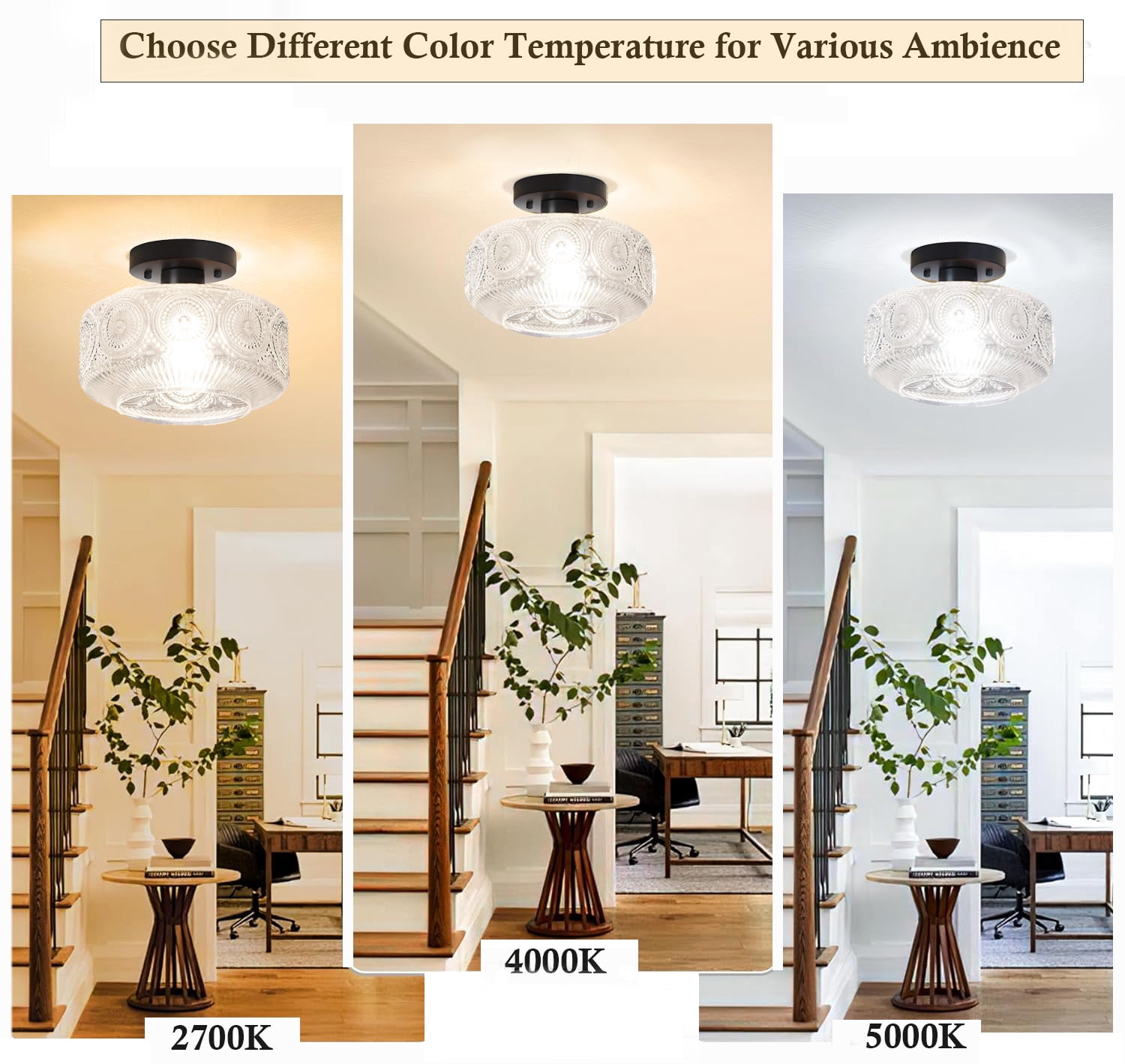 Semi Flush Mount Ceiling Light,Glass Ceiling Light,Black Light Fixture Ceiling Mount,Vintage Ceiling Light for Hallway Bedroom Kitchen Entryway Living Room