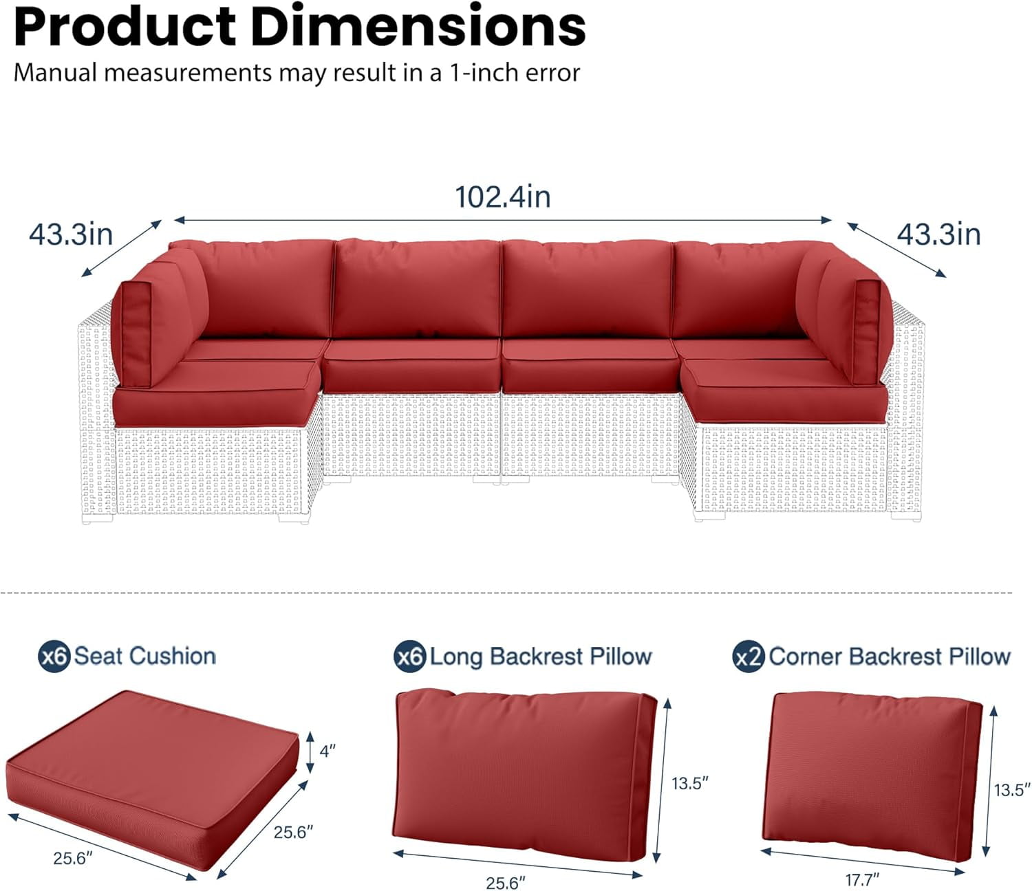 UDPATIO Outdoor Replacement Cushions for Patio Furniture, Waterproof Patio Cushions for 6-Seat Sectional Patio Conversation Sets, 14-Piece Outdoor Cushion Slipcovers Patio Sofa Cushions (Red)