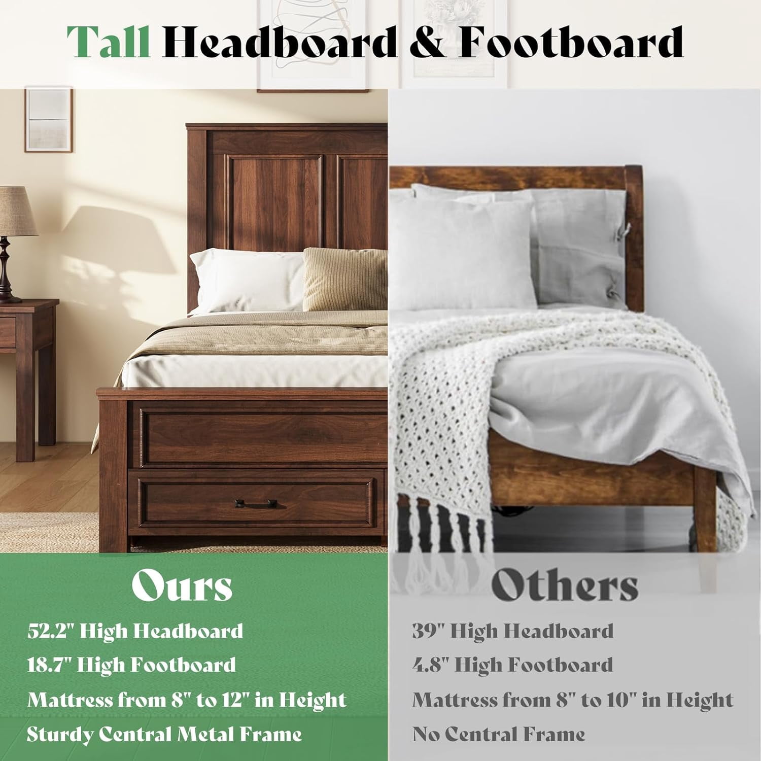 Merluxy Queen Size Farmhouse Bed Frame with 52.2" Wood Headboard & Storage Drawers, Rustic Brown
