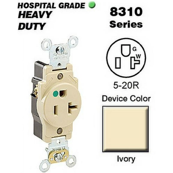 Leviton 8310-I Single Receptacle Hospital Grade 5-20R 20A 125V BandS Wired - Ivory