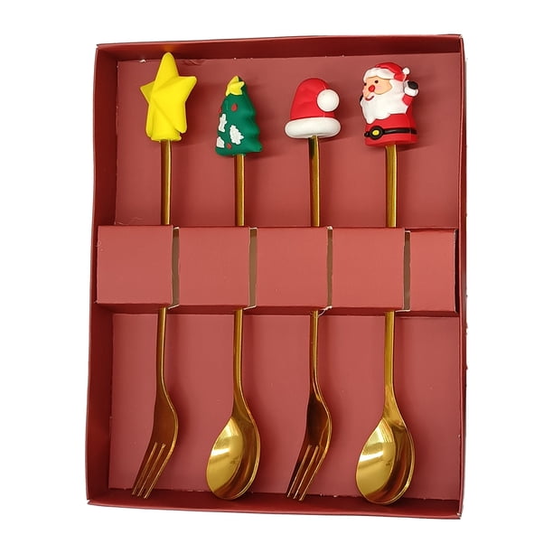 Juego de cucharas navideñas de acero inoxidable con tema de árbol, Papá Noel y estrella. Cucharas para remover café. Utensilios de cocina festivos con caja de regalo